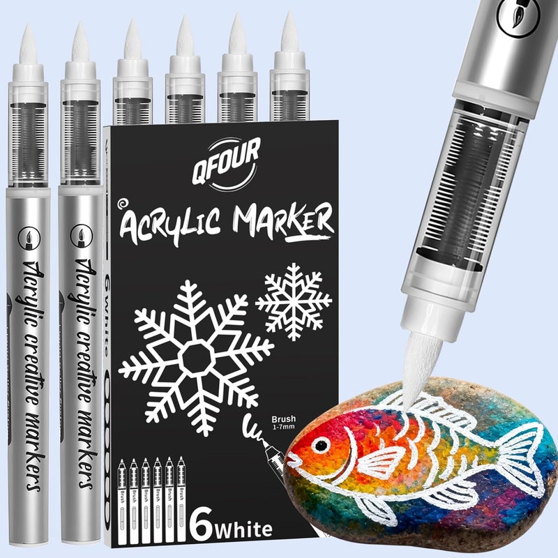 QFOUR White Paint Pen, 6 Pack White Markers with Automatic Ink System, Brush Tip Paint Pens for Rock Painting, Wood, Plastic, Ceramic and Frabic - Image 1